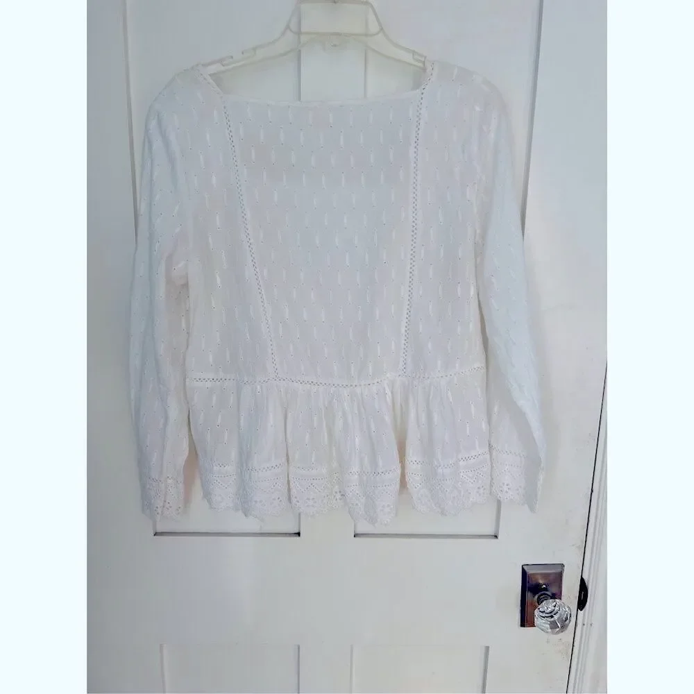 Anthropologie Meadow Rue White Edelyn Ruffled Eyelet Summer Blouse Top Sz 10